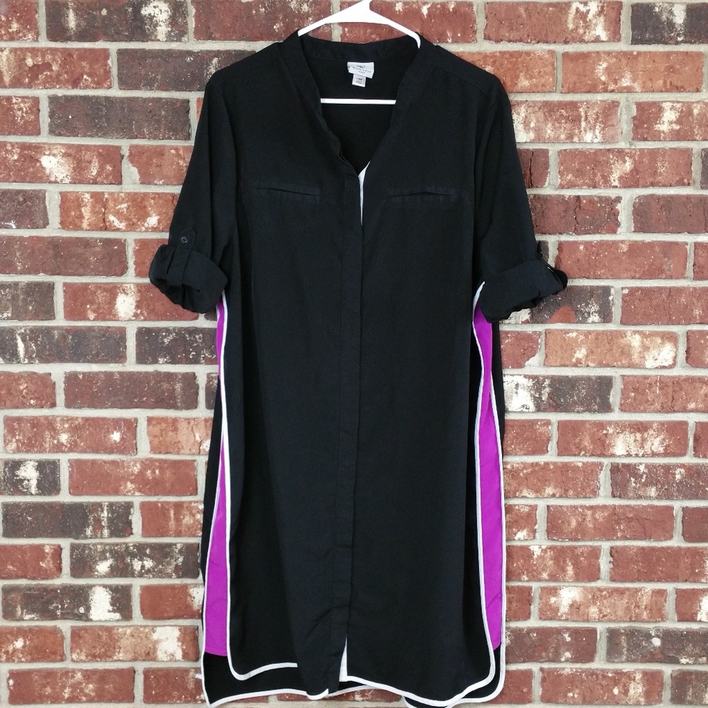 Worthington Black Purple Button Front Shirt Dress